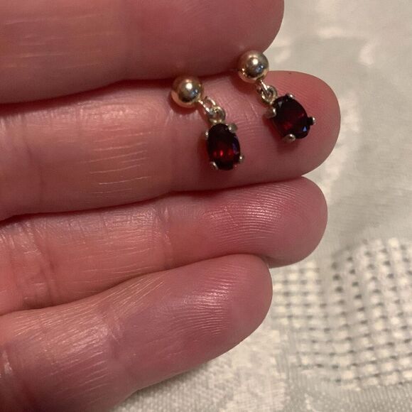 Gold 925 Garnet Dainty Drop Pierced Earrings - Picture 4 of 11